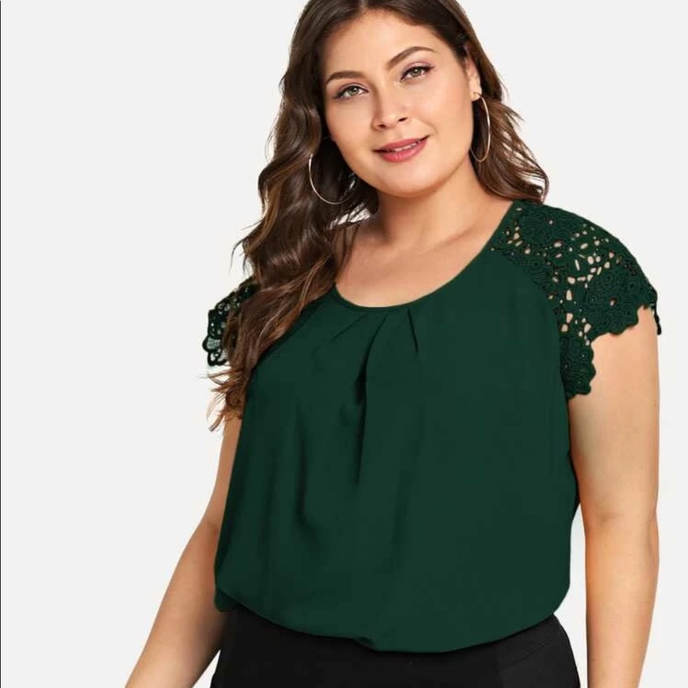 Shirred Neck Lace Shoulder Short Sleeve Blouse